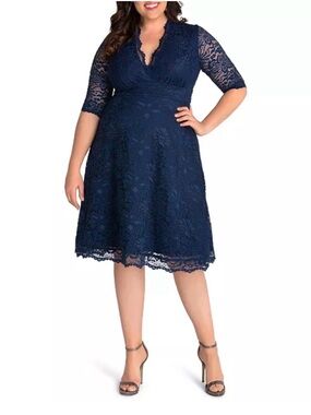 NWT Kiyonna Womens Plus Size Navy Blue Mademoiselle Lace A-Line Midi Dress 1X